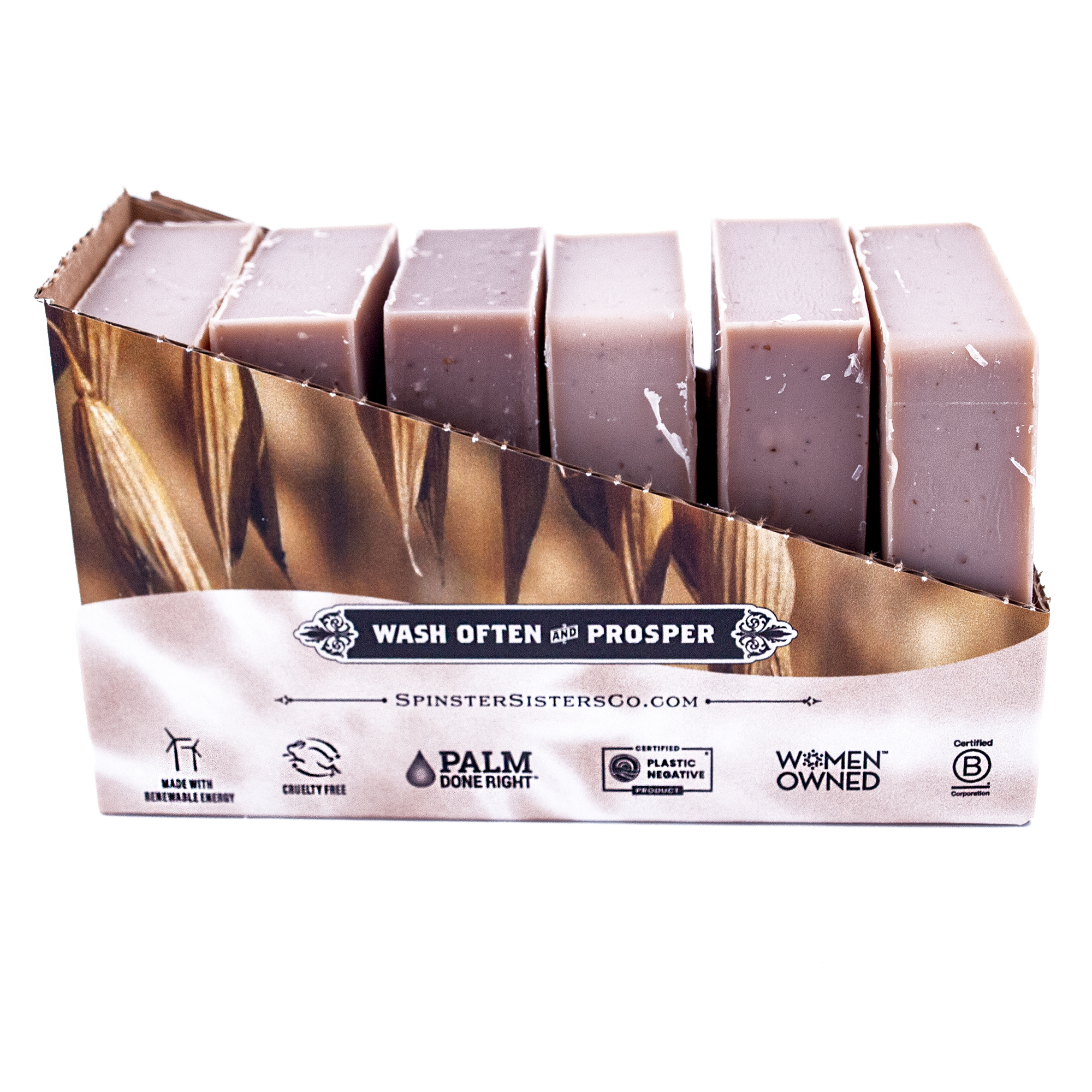 Case of Oatmeal Milk & Hoeny soap bars with a wheat design and branding on a white background