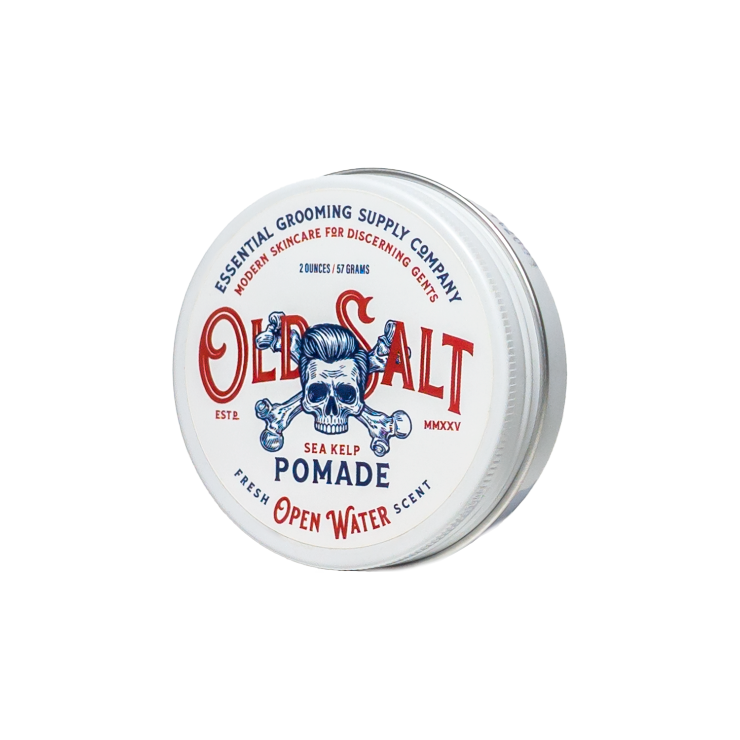 Tin of Open Water 'Old Salt' Pomade with sea kelp on white background