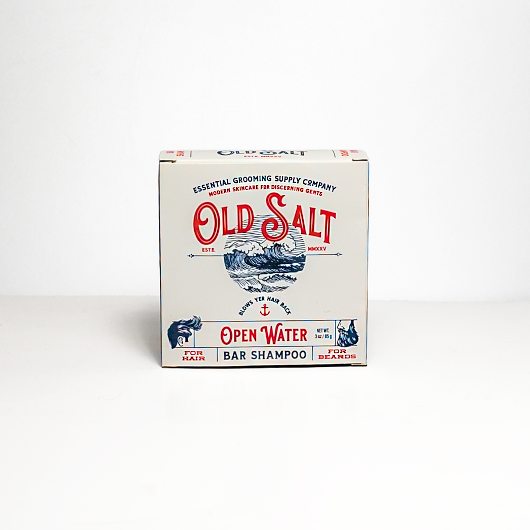 Box of Old Salt Open Water bar shampoo on a white background
