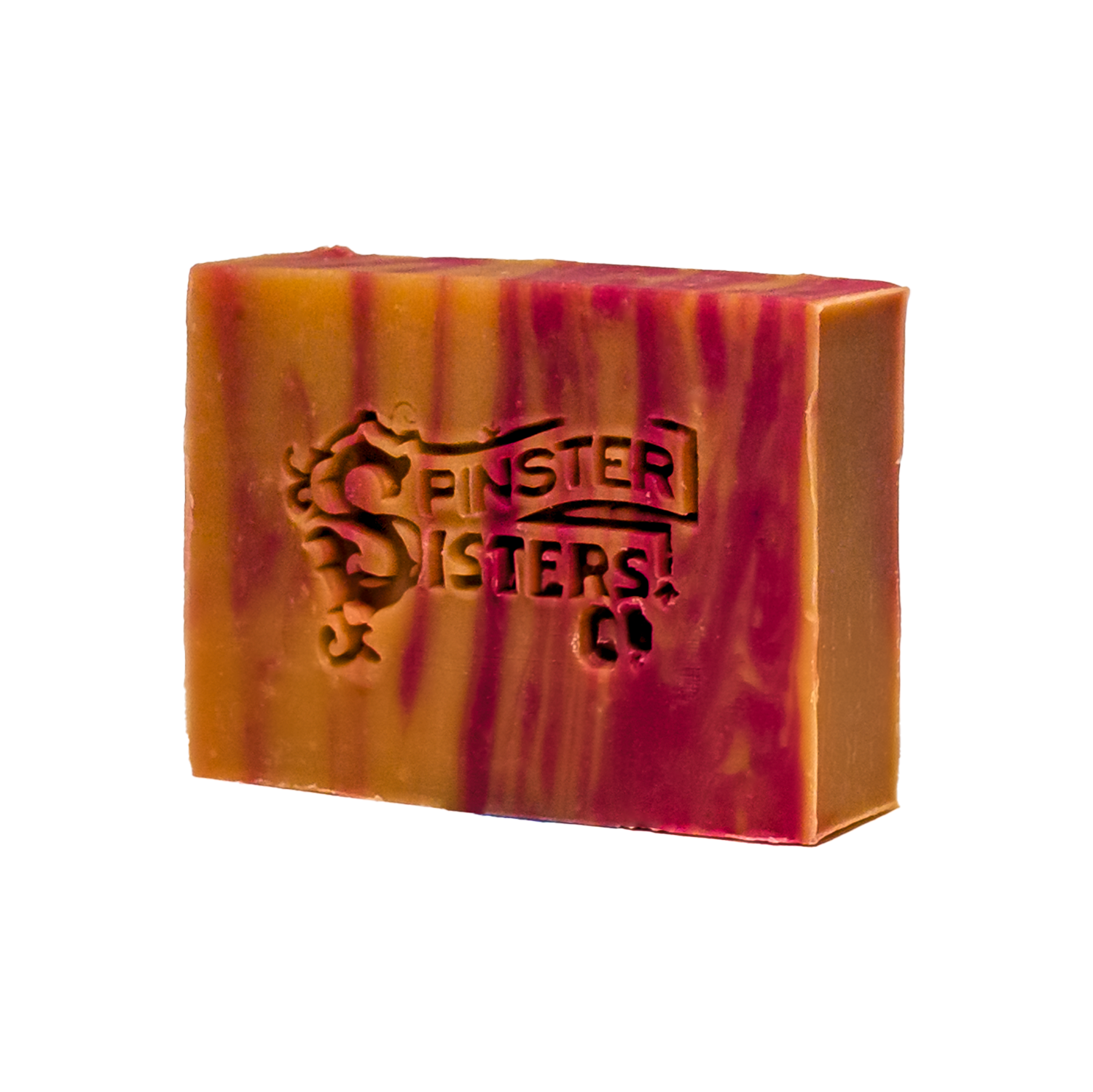 Palisade Peach Bar of soap with marbled red and orange pattern and 'Spinster Sisters' branding on a white background