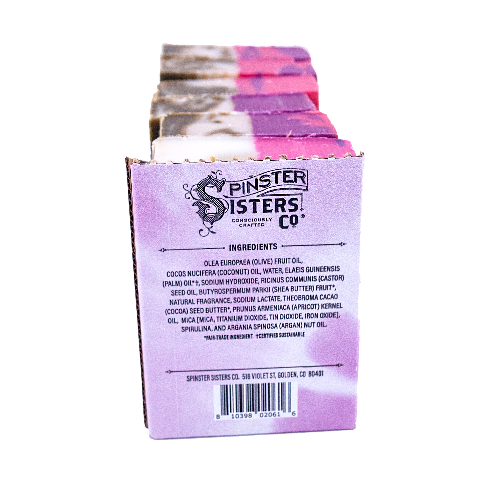 Box of Spinster Sisters Co. products with ingredient list on a white background