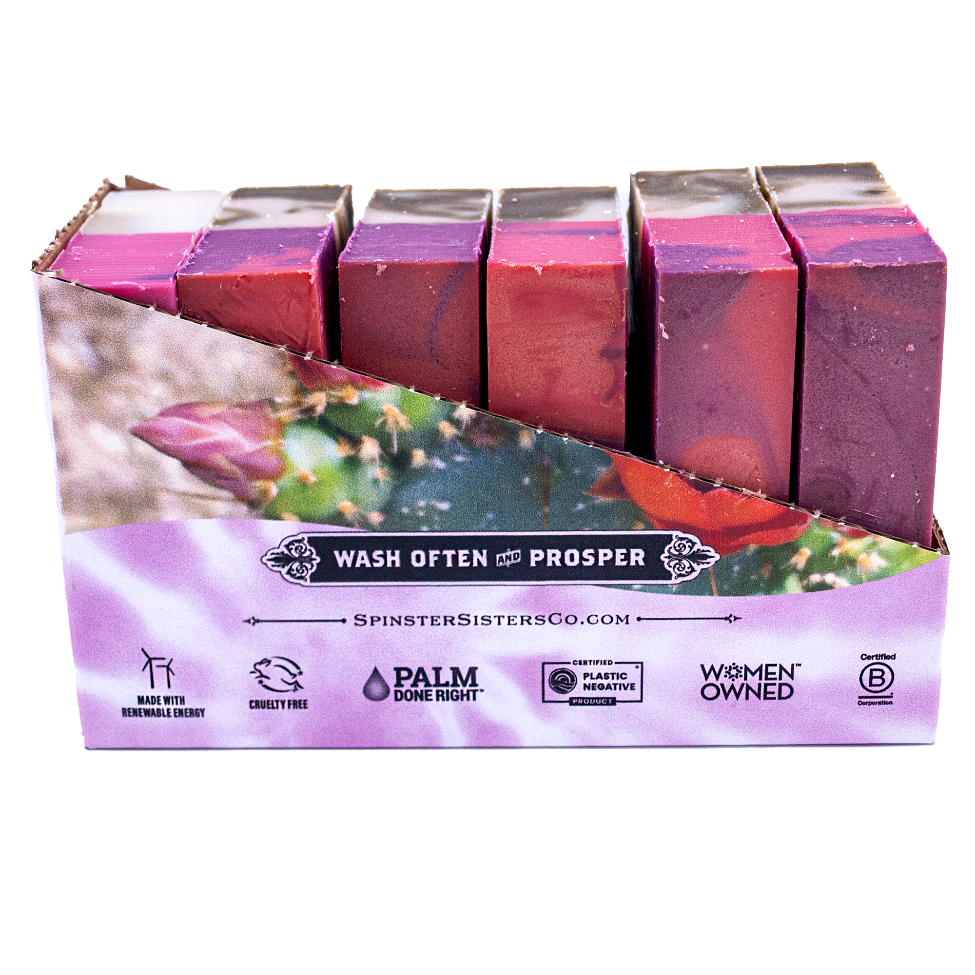Case of purple Prickly Pear Blossom soap bars with a cactus plant design on the packaging.