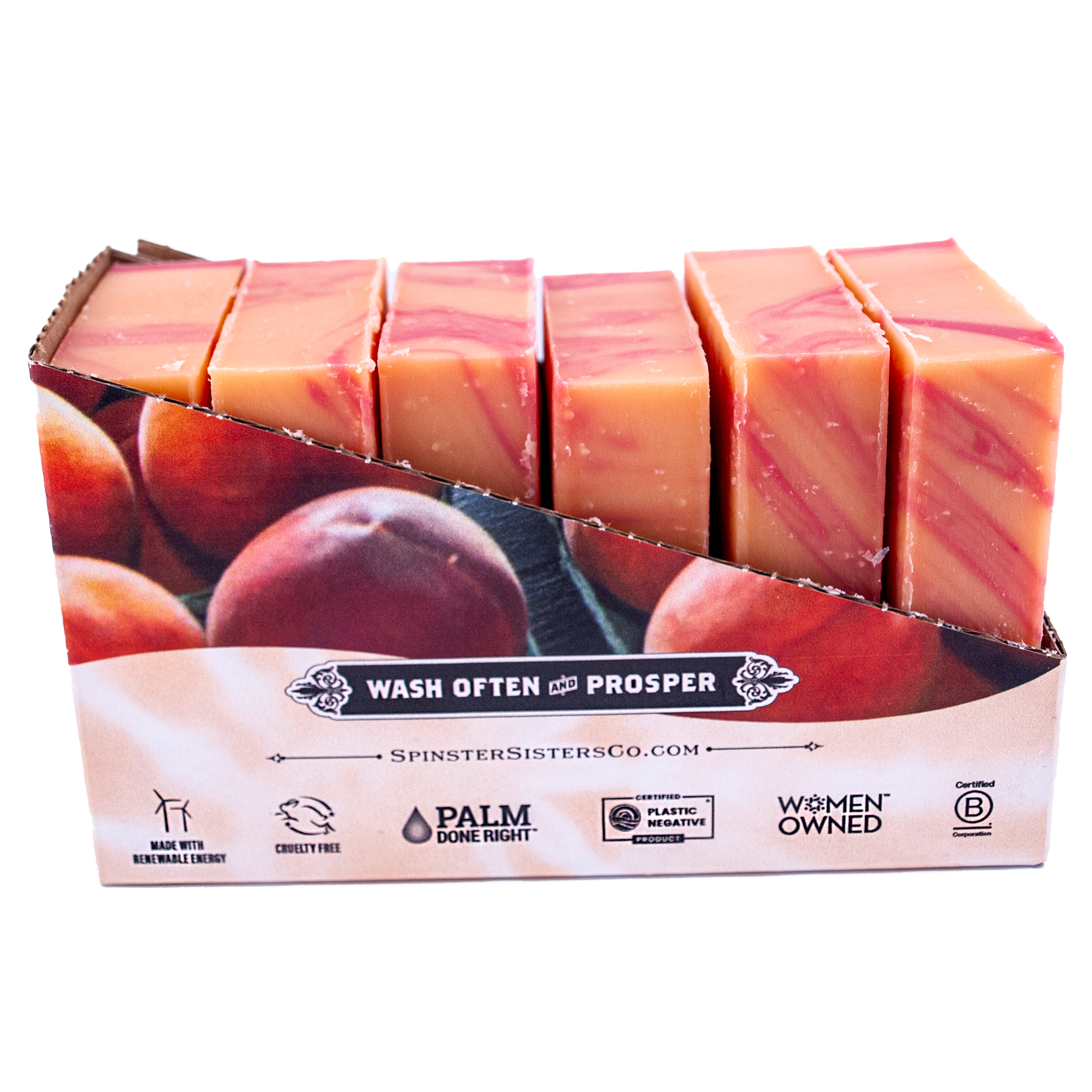 Case of Palisade peach soap bars with branding and sustainability information on a white background
