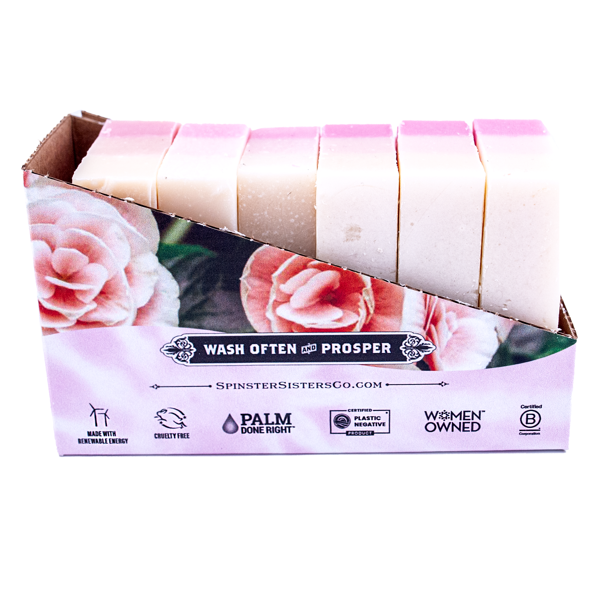 Case of Patchouli Rose Spinster Sisters Bar Soap with floral design and branding on a white background