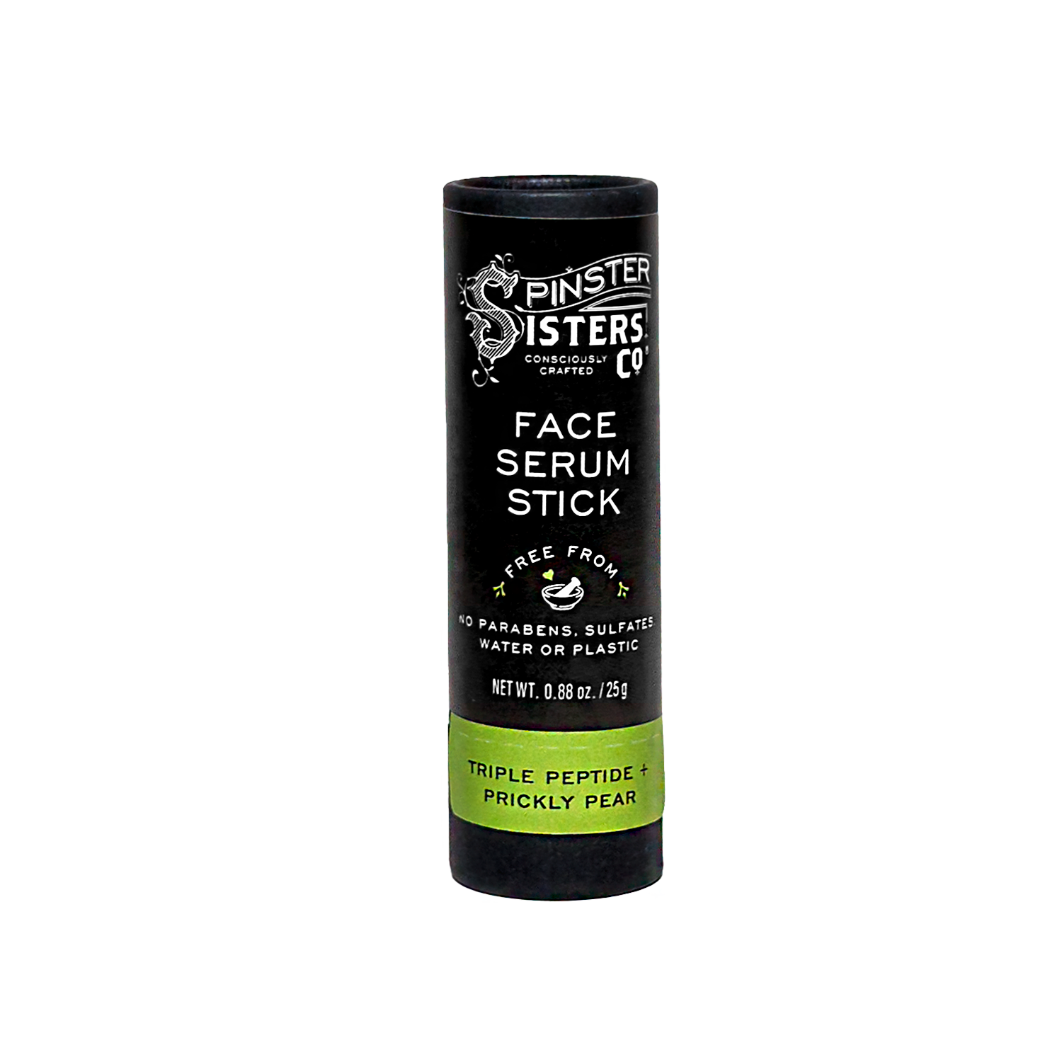 Face serum stick with green label on a white background