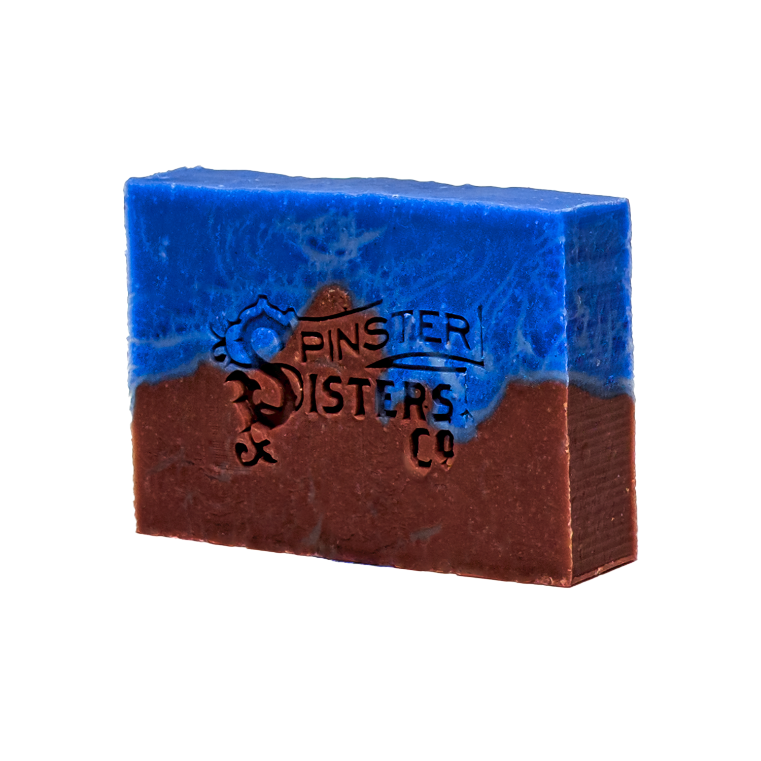 Two-toned blue and Red soap bar with 'Spinster Sisters Co' branding on a white background