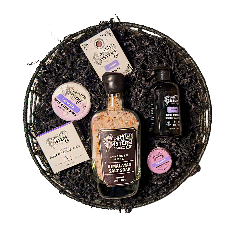 Basket of Sister Sisters Co. Lavender products.