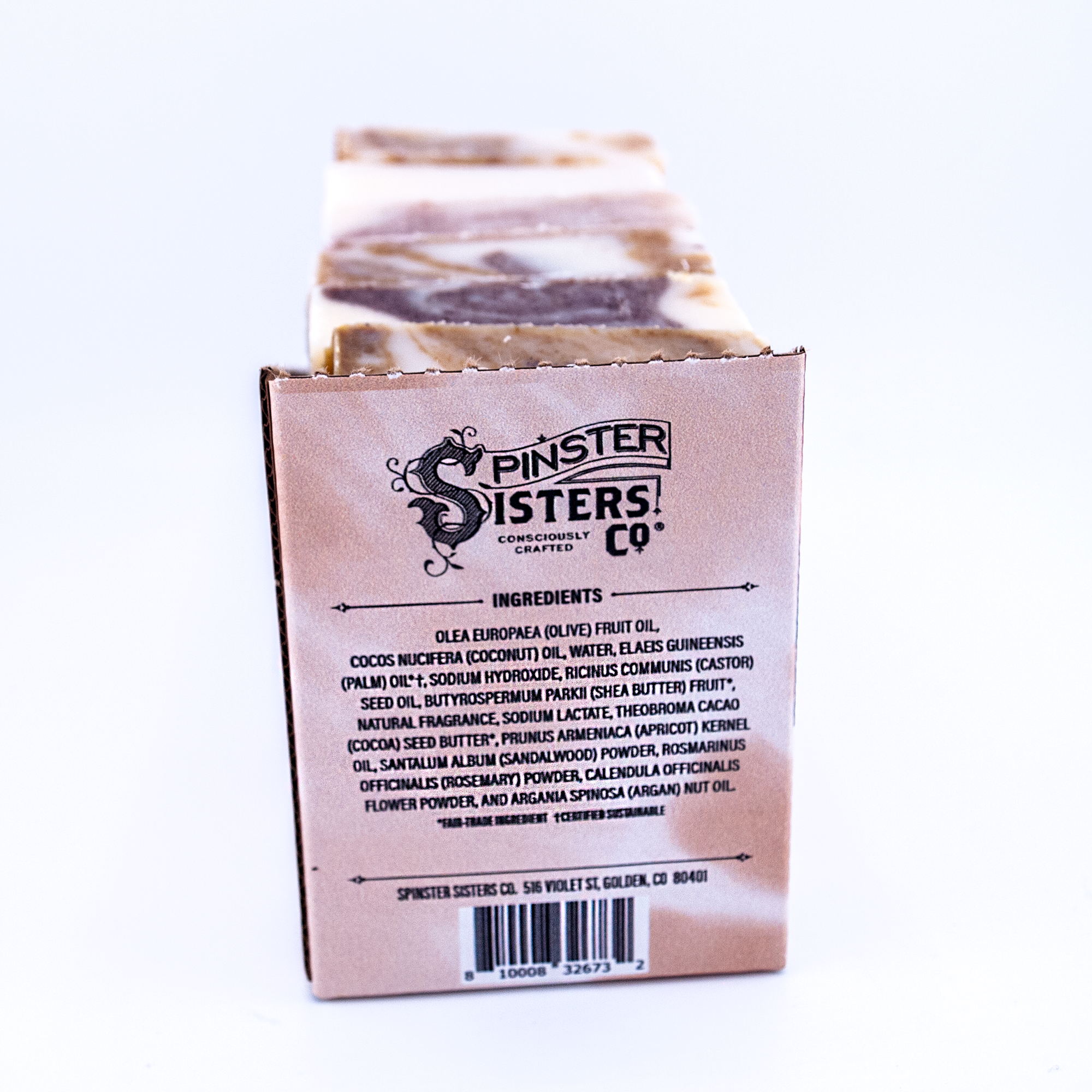Box of Spinster Sisters Co. soap with ingredients list on a white background