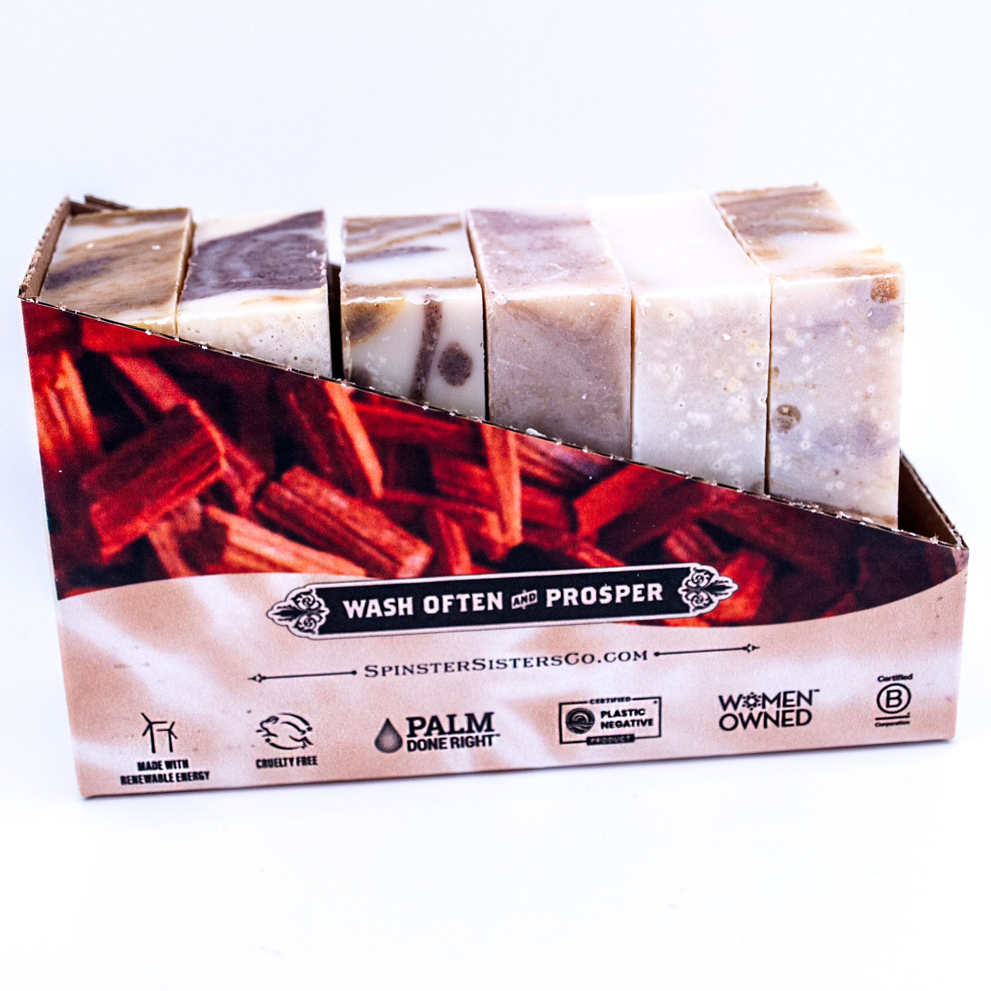 Case of 6 Sandalwood bar soap with branding and text on a white background