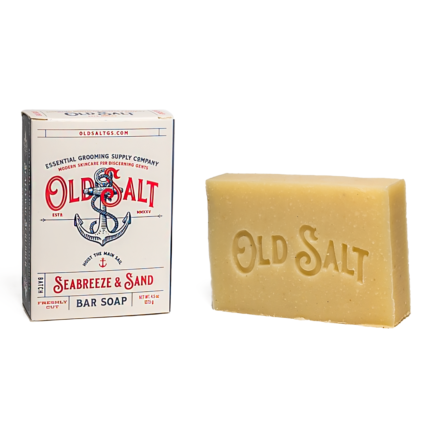 Bar of Old Salt Seabreeze & Sand soap next to its packaging on a white background