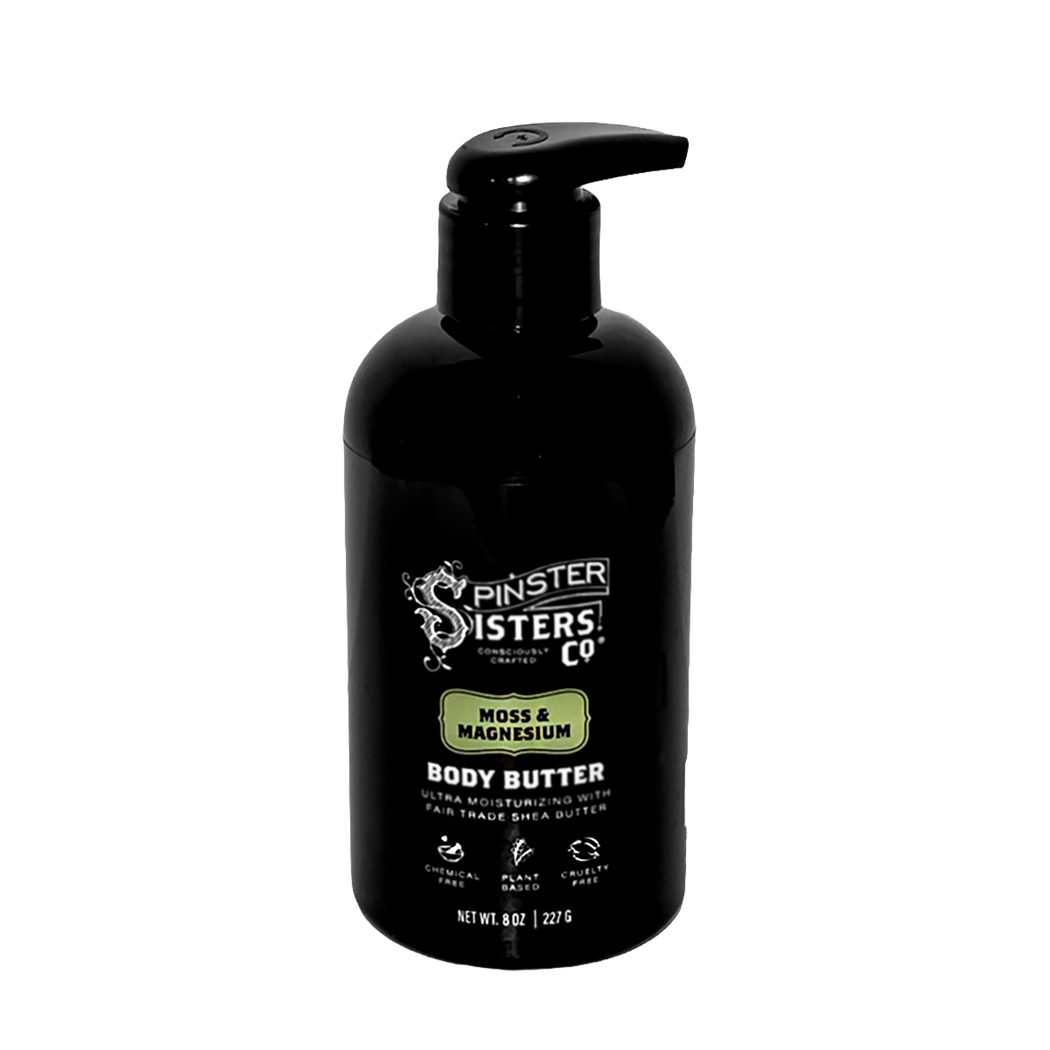 Black Bottle of Spinster Sisters Moss and Magnesium 8.5 oz Body Butter on A White Background