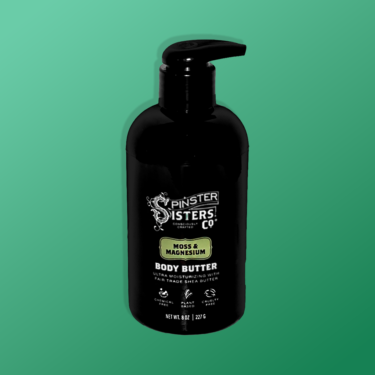 Black Bottle of Spinster Sisters Moss and Magnesium 8.5 oz Body Butter on A Gradient Background