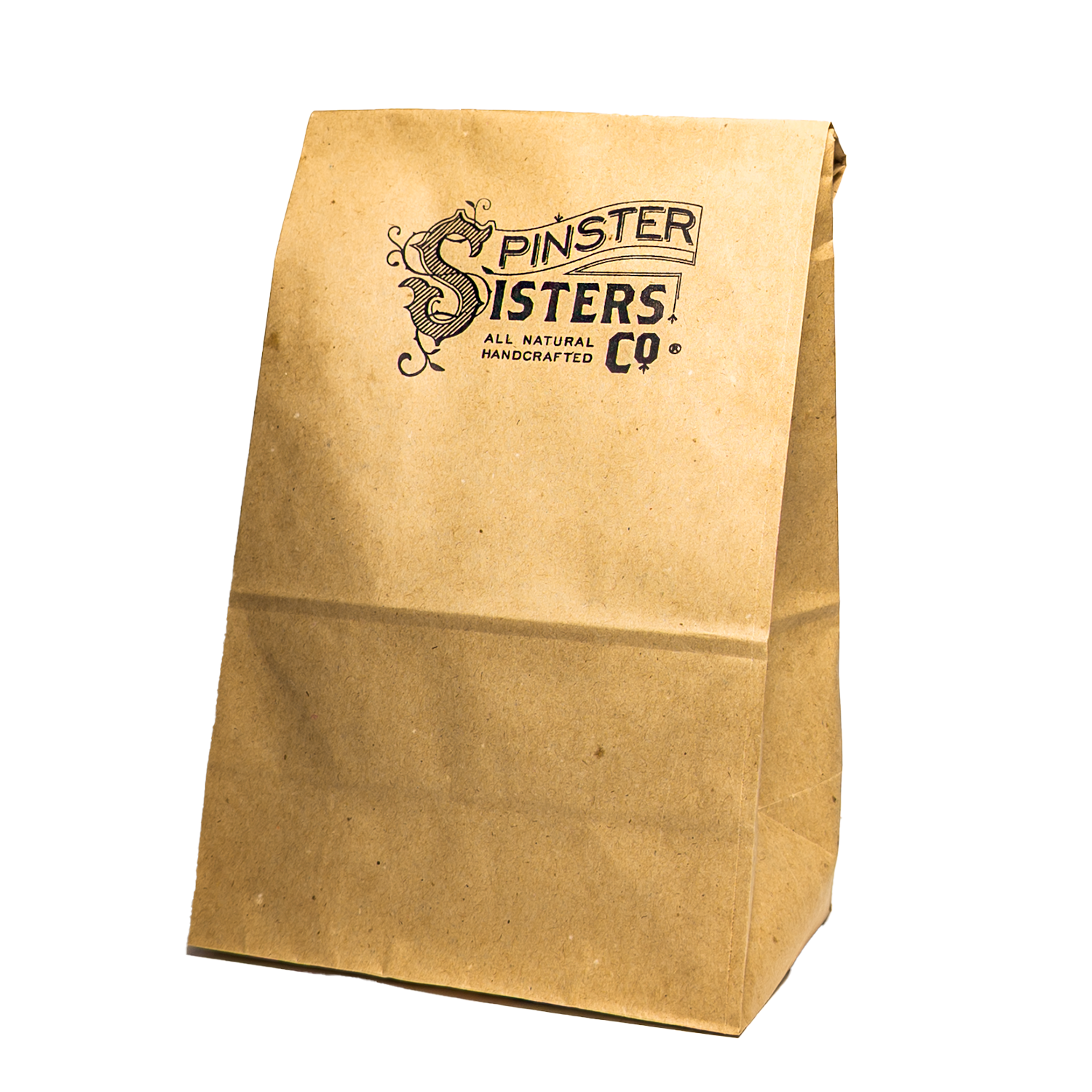 'Spinster Sisters co" stamped on a tipped over Brown paper bag