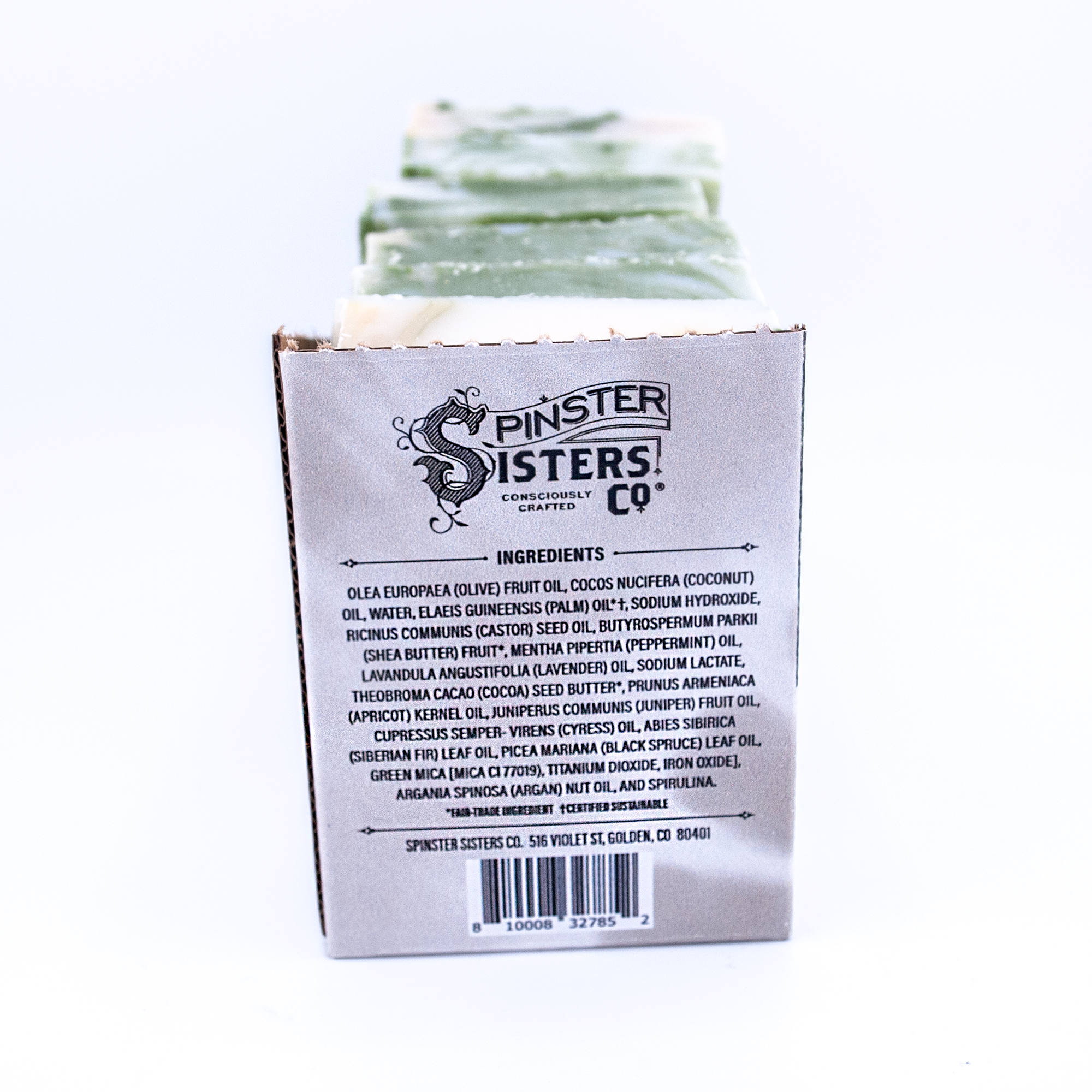 Back of a soap packaging with 'Spinster Sisters Co' branding and ingredient list on a white background.