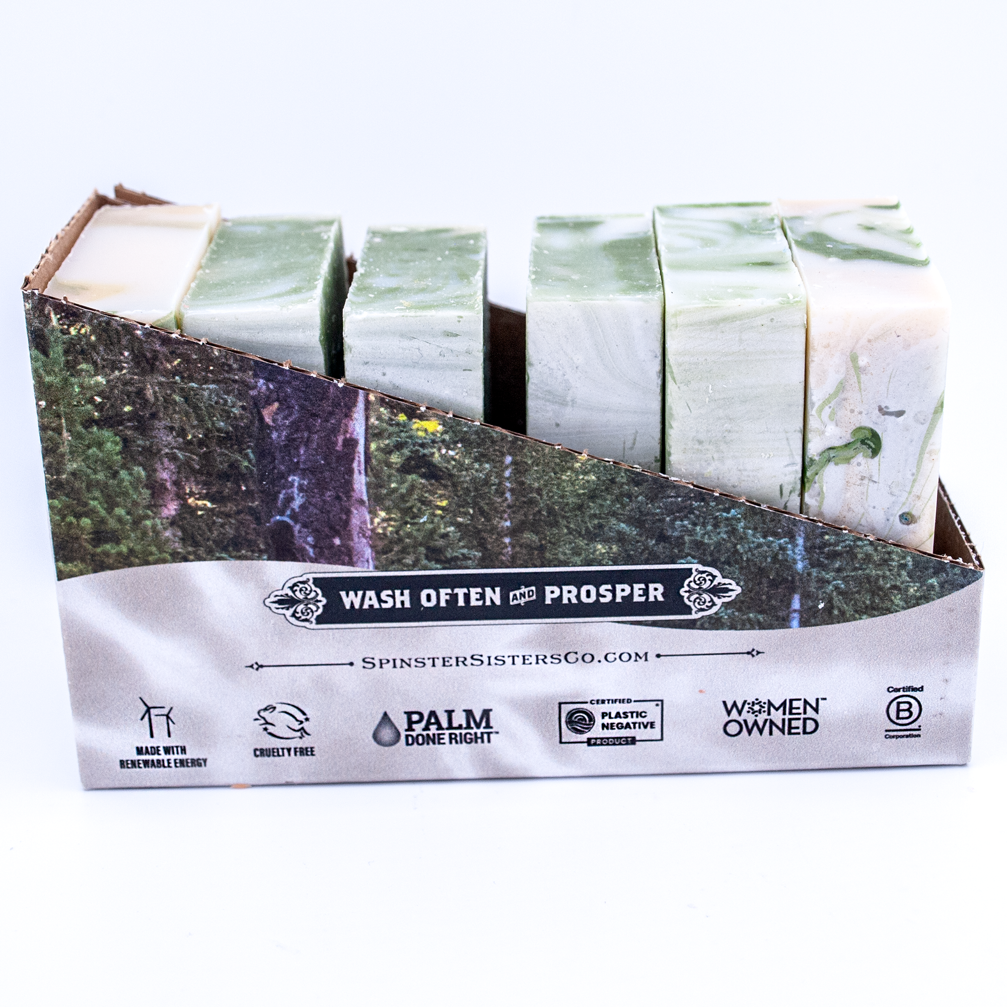 Case of 6 Timber soap with nature-themed design and branding information.