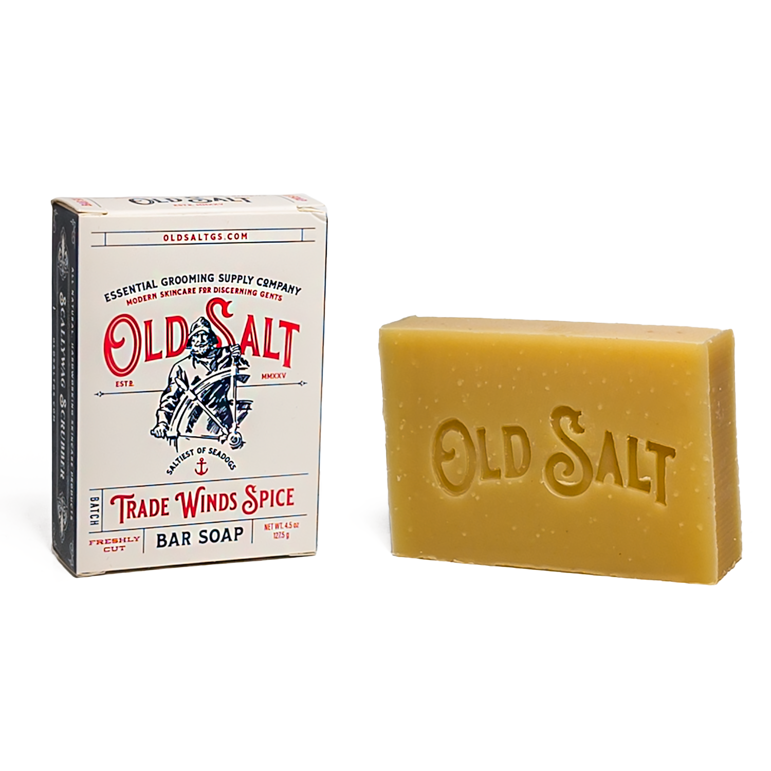 Bar of Trade Winds Spice Old Salt soap next to its packaging on a white background