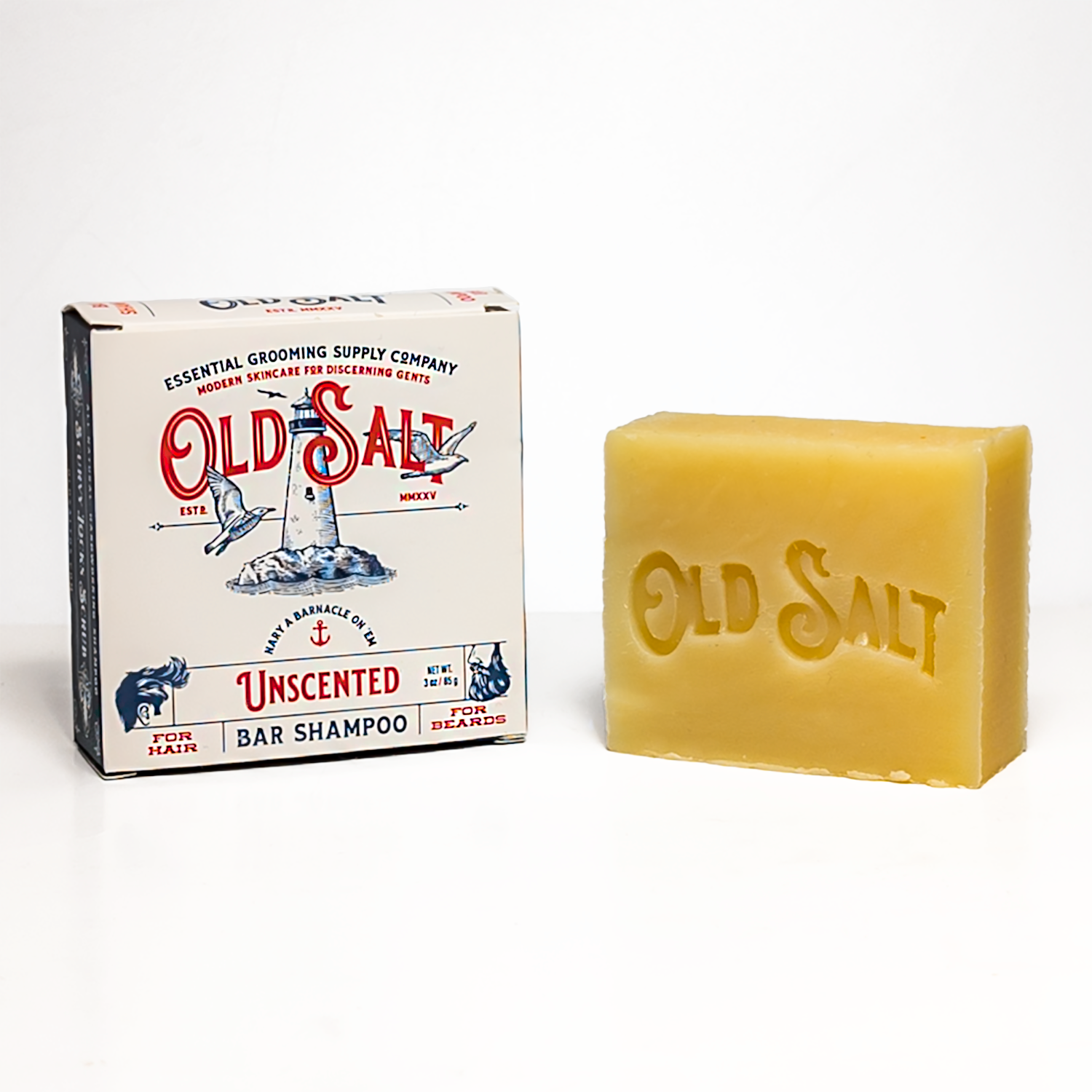 Bar of Old Salt Unscented shampoo and packaging on a white background