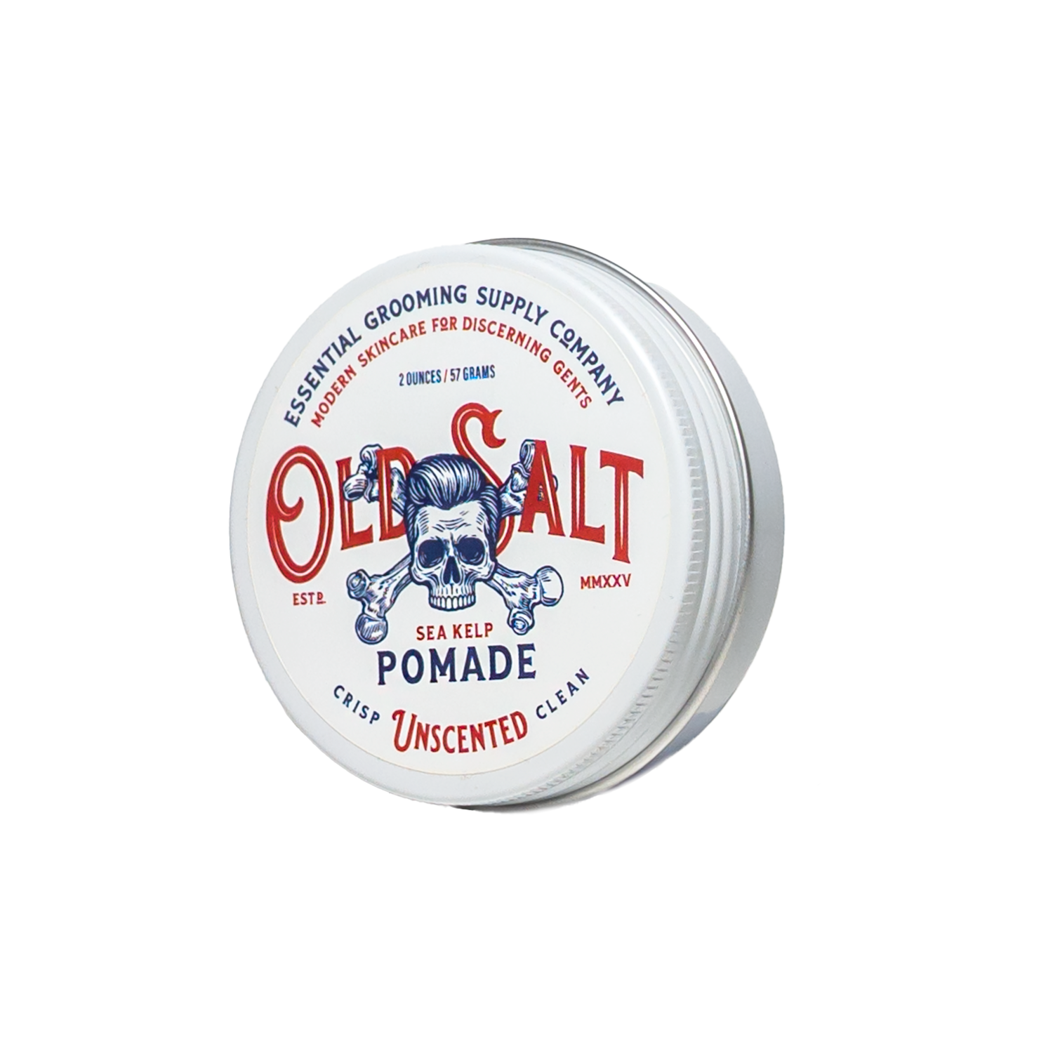 Tin of Unscented 'Old Salt' Pomade with sea kelp on white background