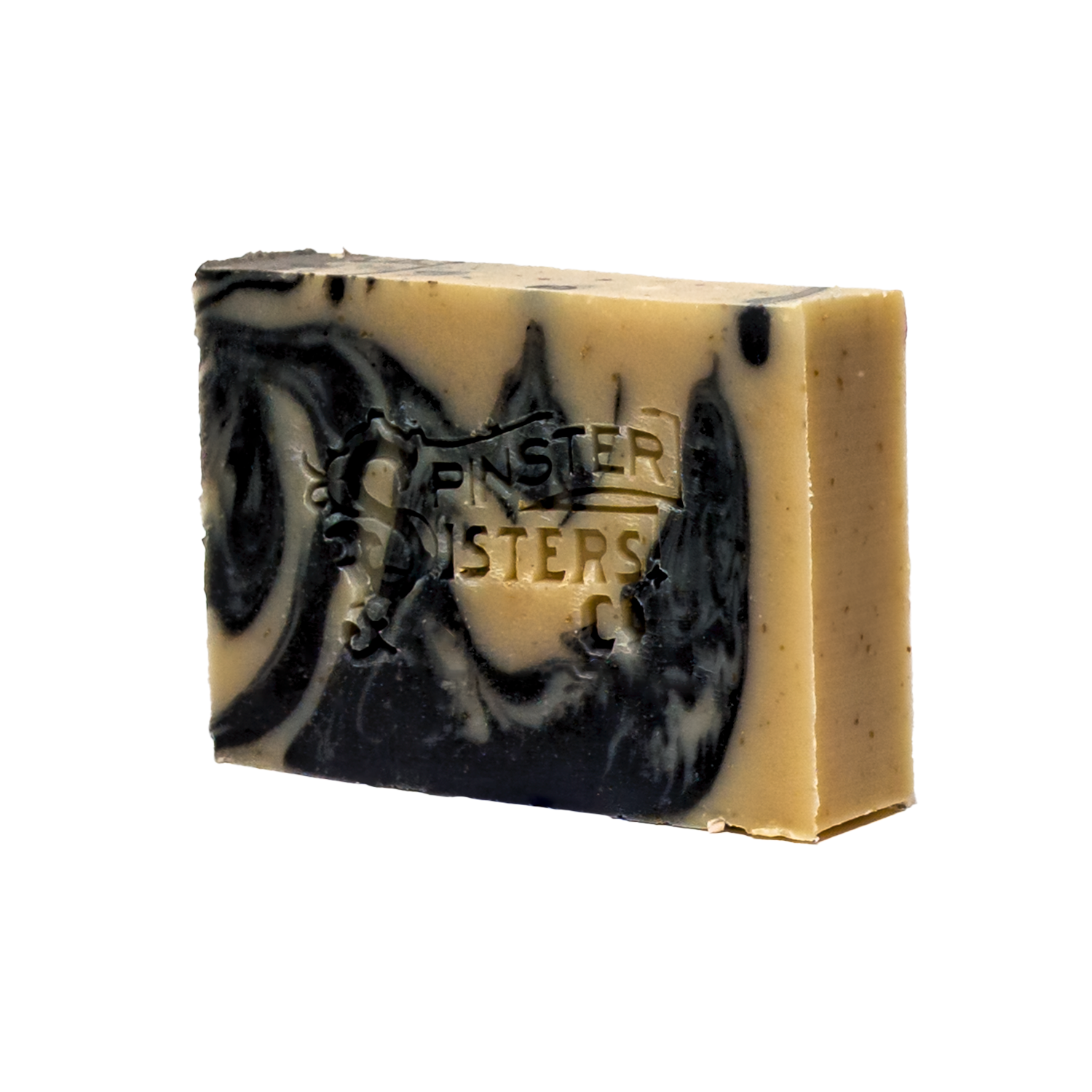 Workshop Bar of soap with black and beige swirls and 'Spinster Sisters Co' branding on a white background
