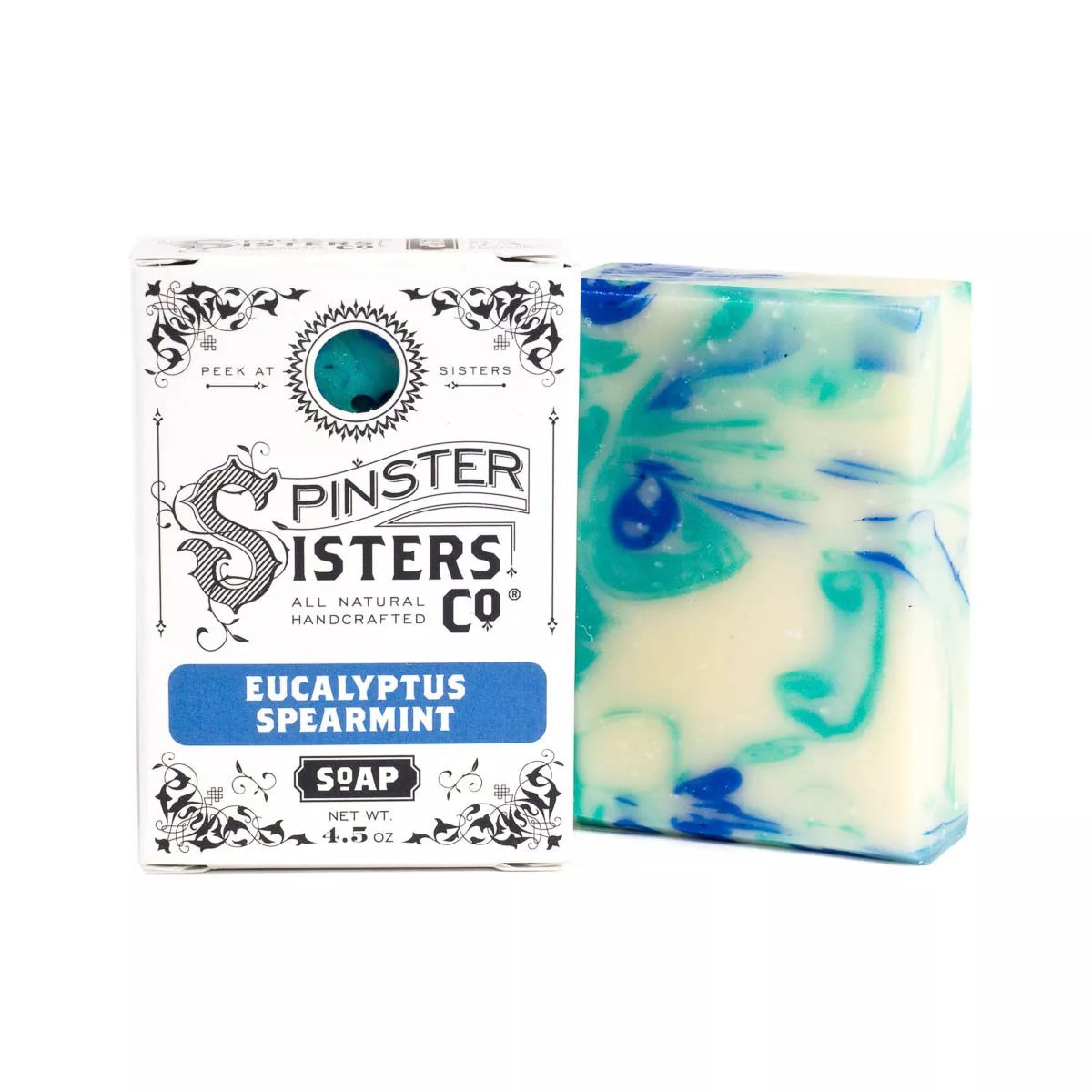 Handmade bath soap in Eucalyptus Spearmint with bright blue swirls