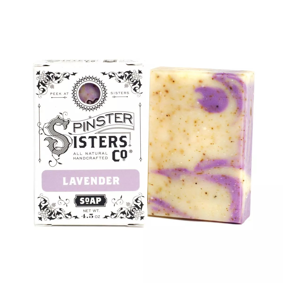 Box that reads Lavender next to a soap bar with purple swirls and speckled with lavender