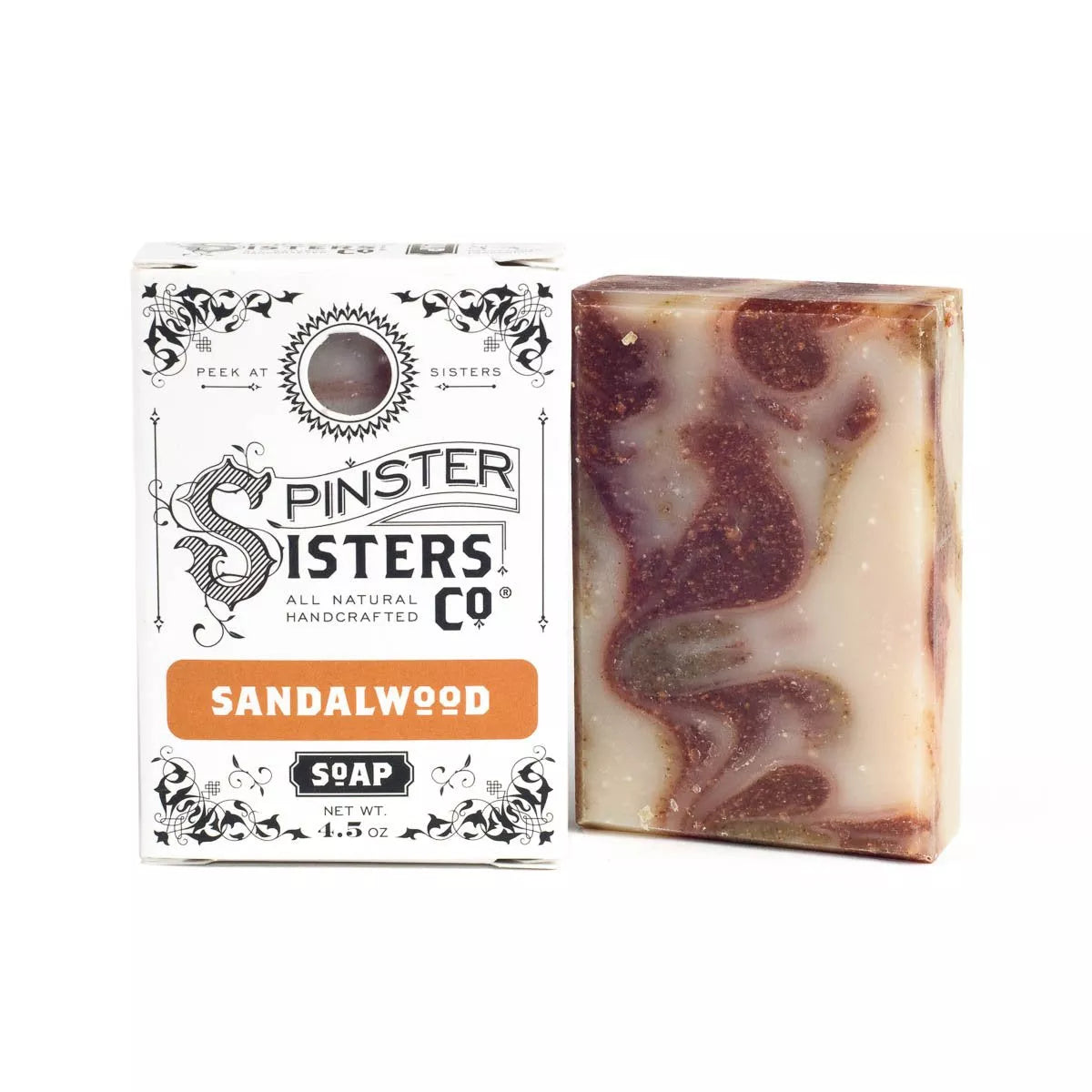 Box that reads Sandlalwood next to a soap bar with dark brown swirls