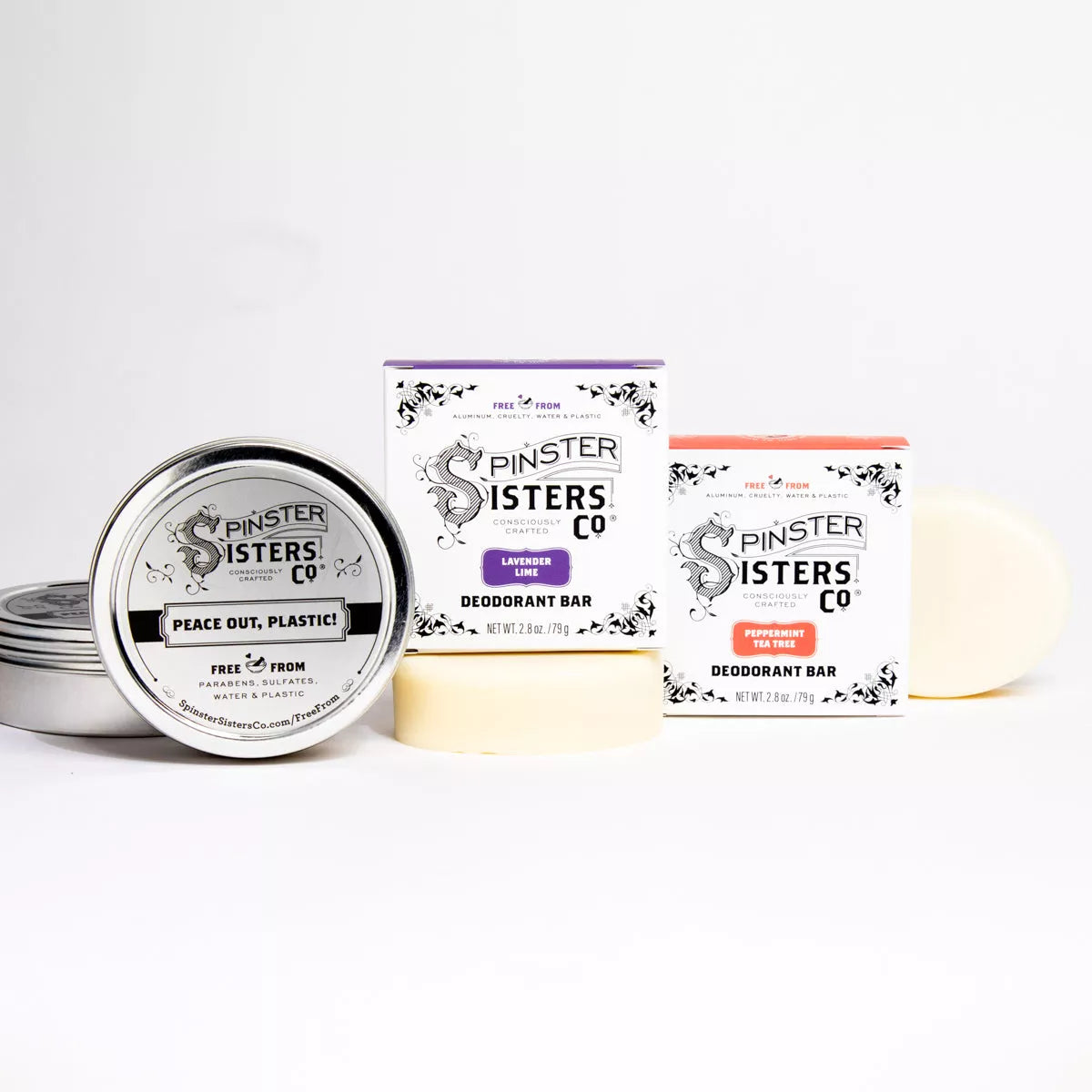 Spinster Sisters Deodorant bars in lavender lime and peppermint tea tree scents with an aluminum travel tin